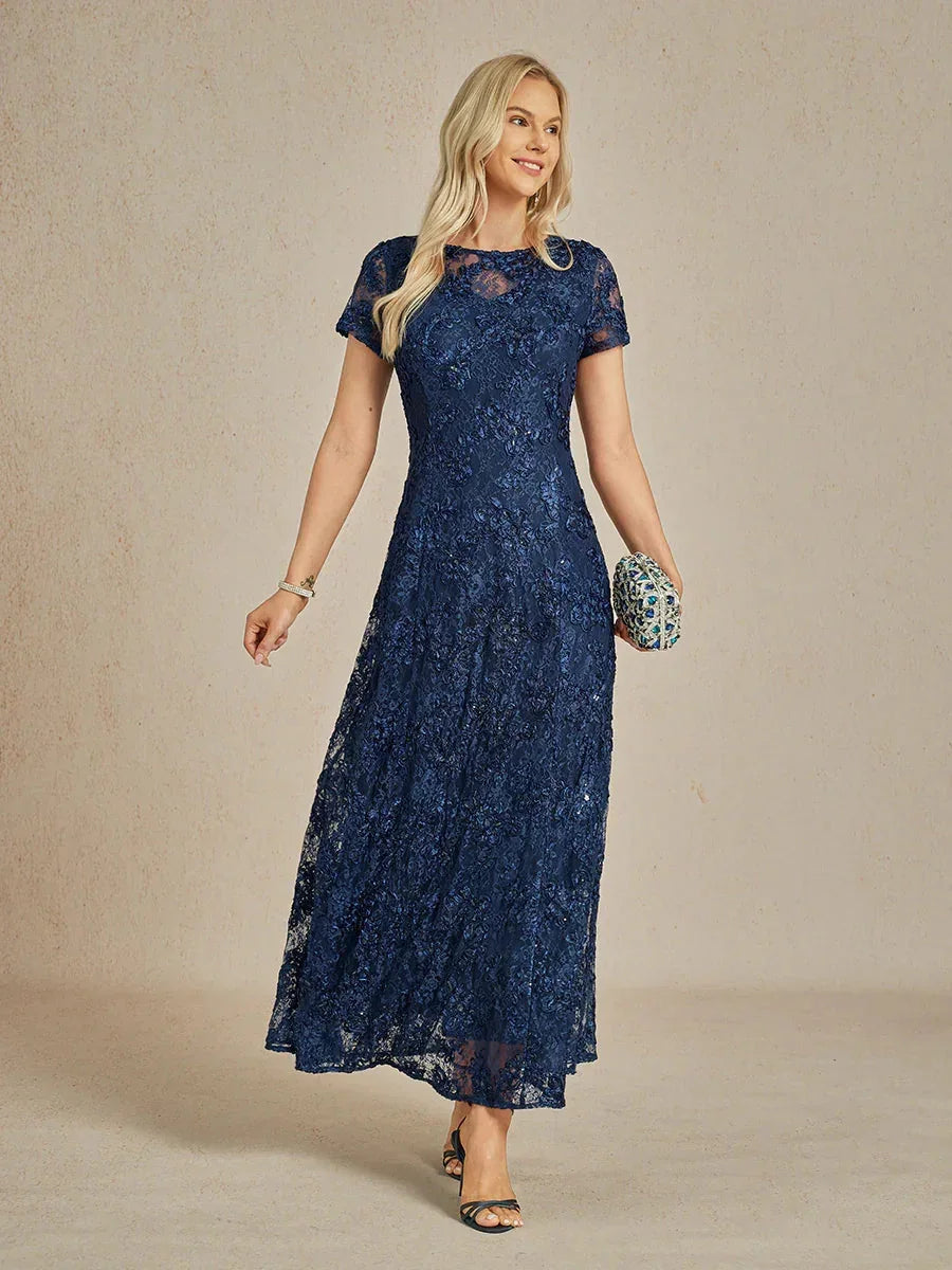 Robe trapèze en dentelle rosette ornée de paillettes