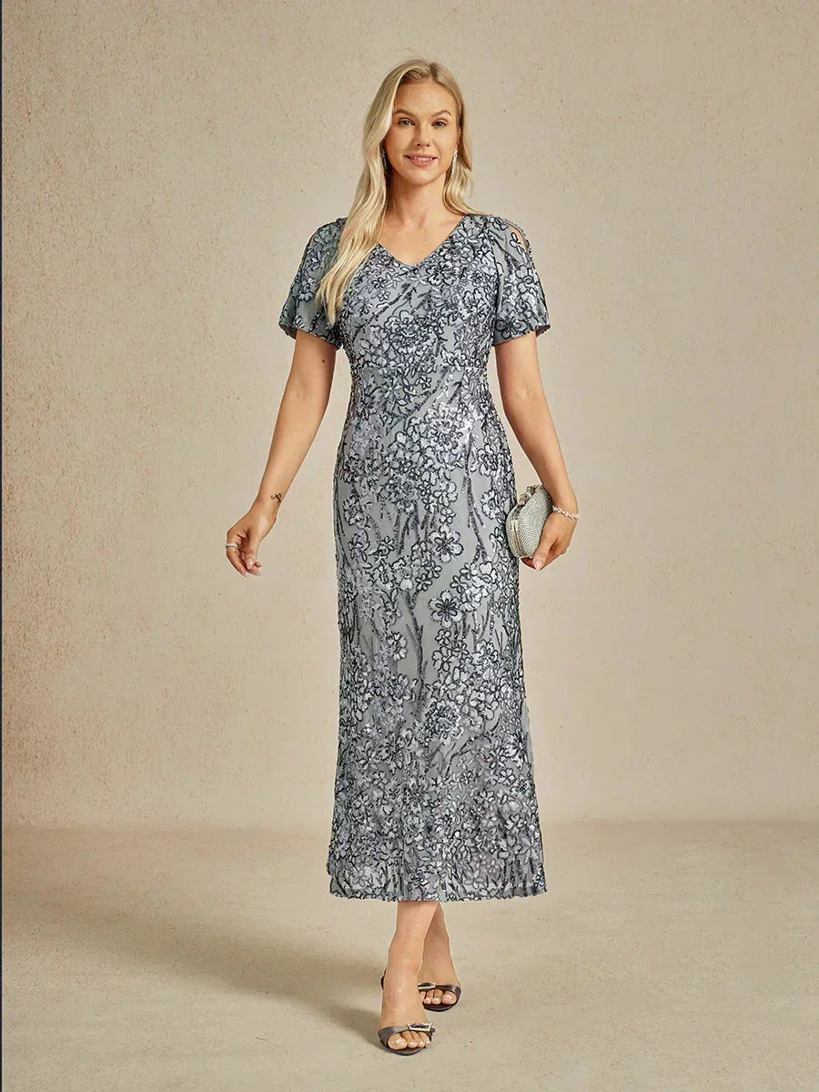 Robe élégante à paillettes, col en V, épaules dénudées