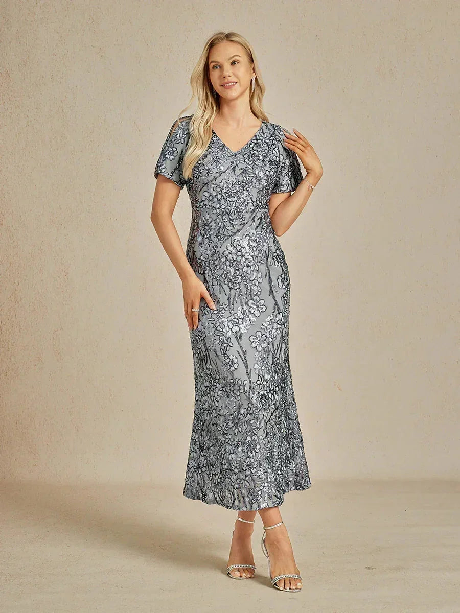 Sequin Evening Gowns Formal Dress Wedding Guest Cold Shoulder Gray V Neck Floral Ankle Length Summer Spring Fall Over 50 Elegant, Gray / XL Sequin Evening Gowns Formal Dress Wedding Guest Cold Shoulder Gray V Neck Floral Ankle Length Summer Spring Fall Over 50 Elegant, Gray / XL