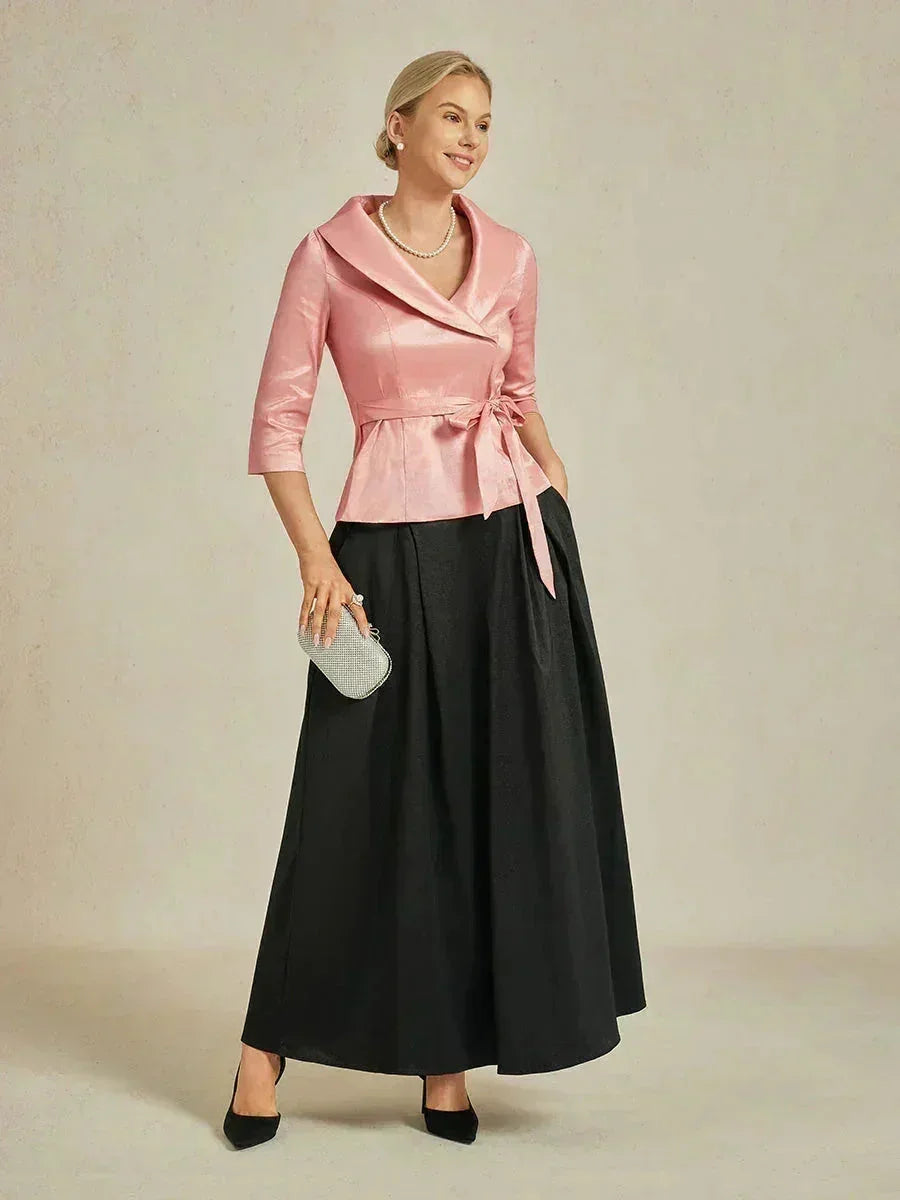 3/4 Sleeve Stretch Taffeta Blouse with Tie Waist Detail