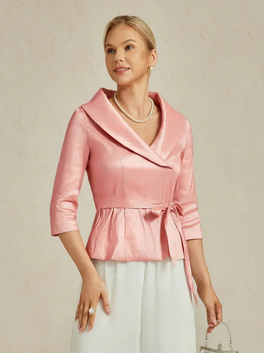 Bluse aus Stretch-Taft mit 3/4-Ärmeln und Bindedetail in der Taille