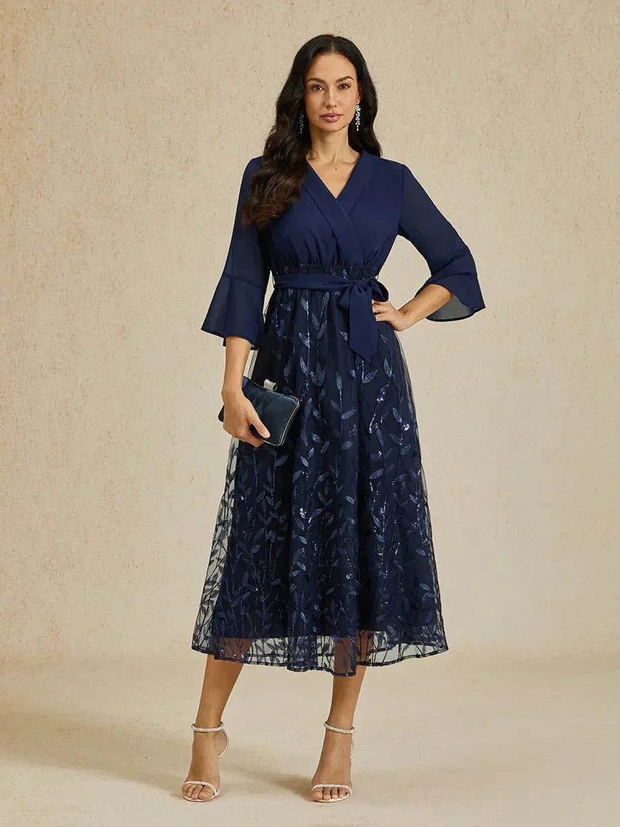 Robe midi en maille à paillettes bleu marine