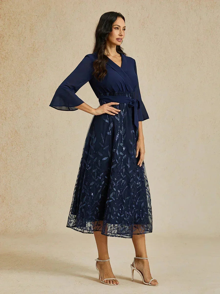 Robe midi en maille à paillettes bleu marine