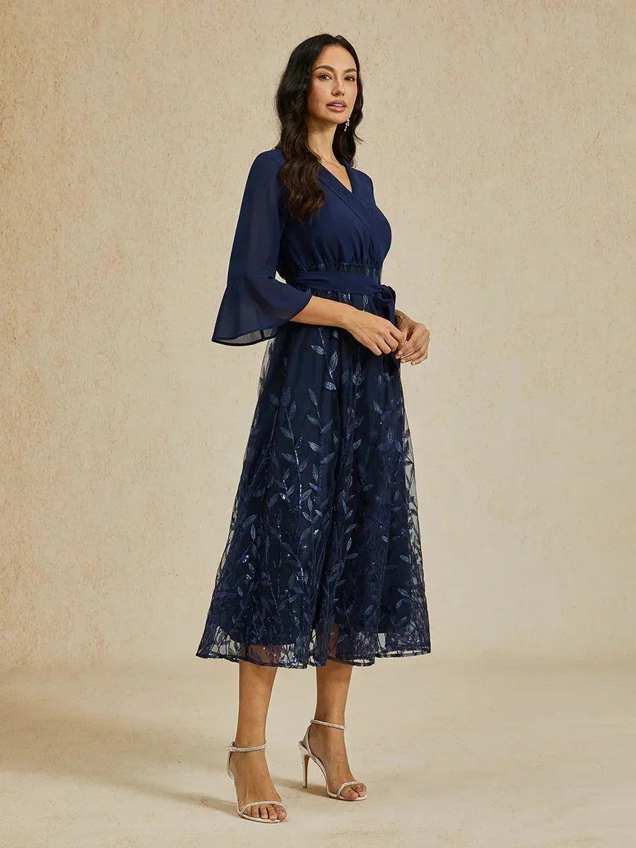 Robe midi en maille à paillettes bleu marine