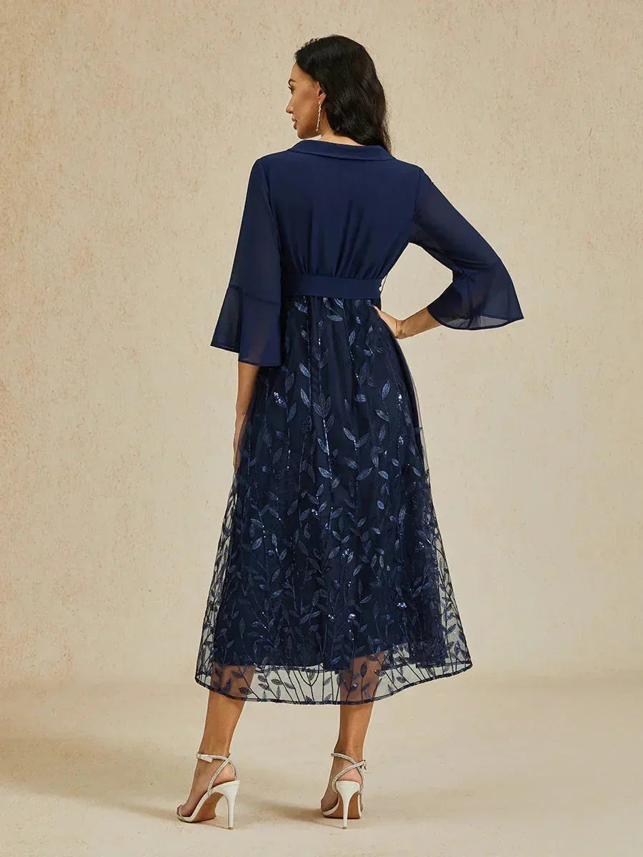 Robe midi en maille à paillettes bleu marine
