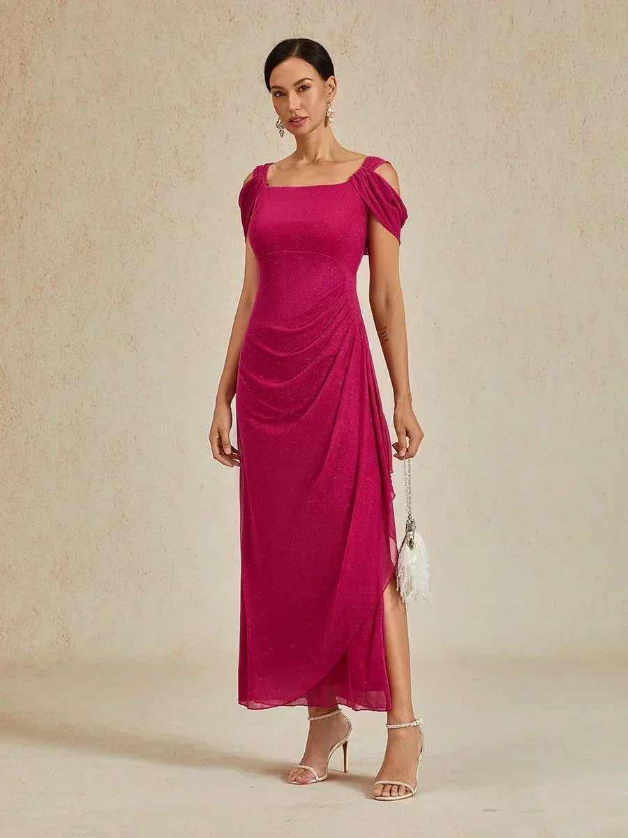 Robe en maille pailletée à épaules dénudées et longueur cheville