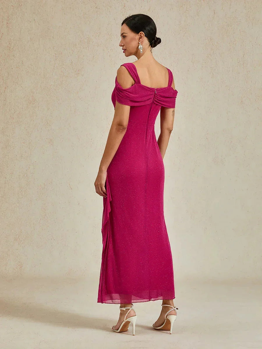 Robe en maille pailletée à épaules dénudées et longueur cheville