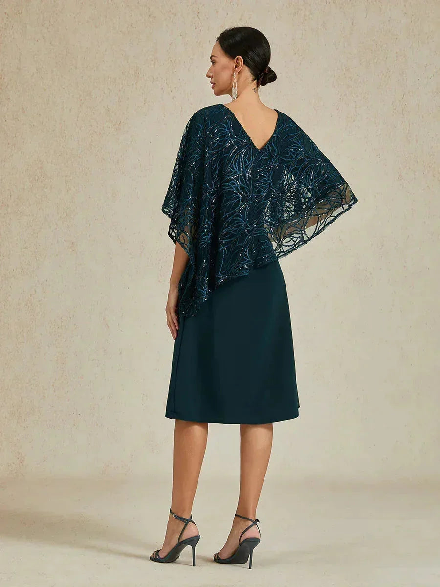 Knielanges Overlay-Kleid mit Pailletten und V-Ausschnitt