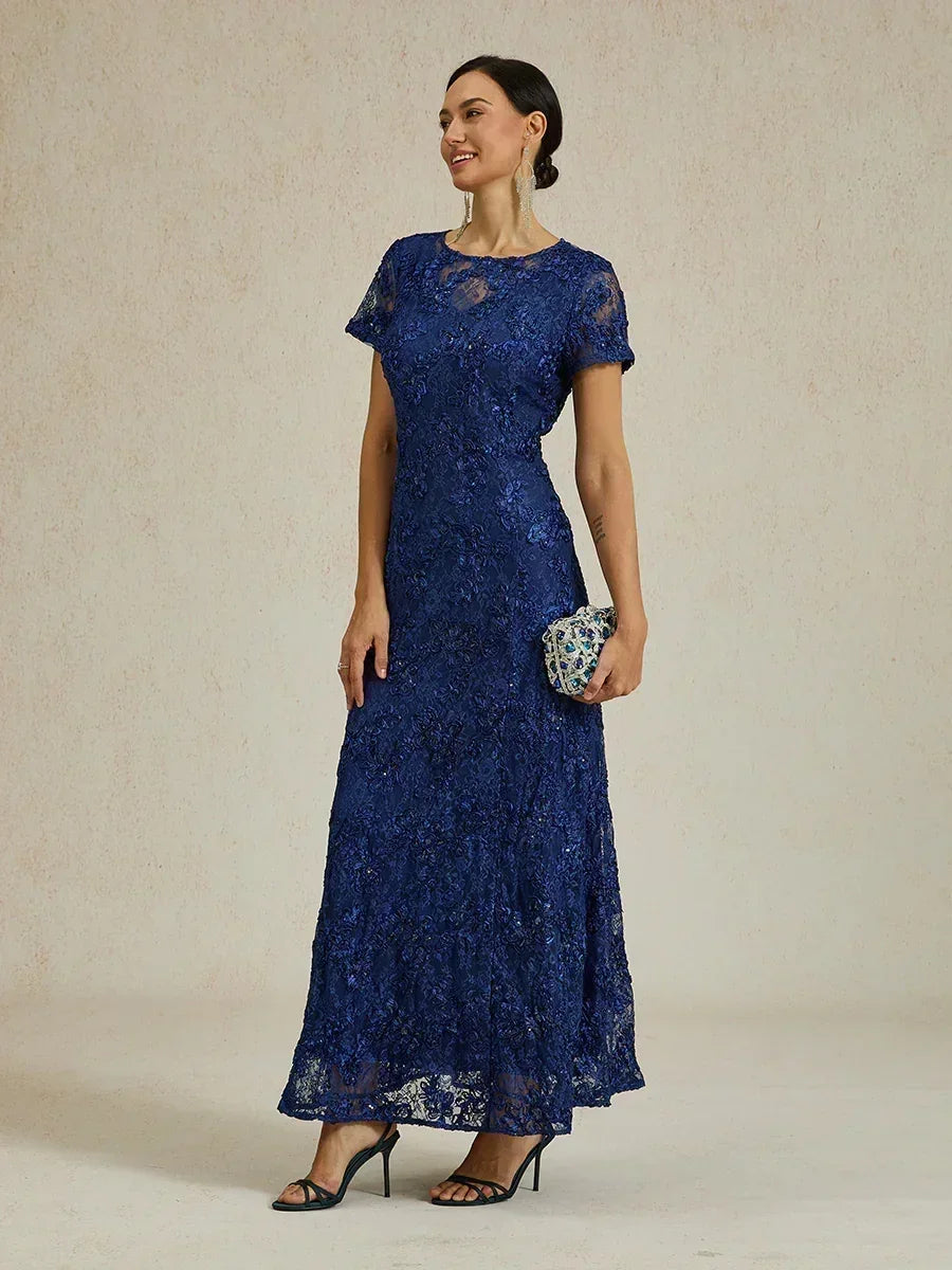 Robe trapèze en dentelle rosette ornée de paillettes