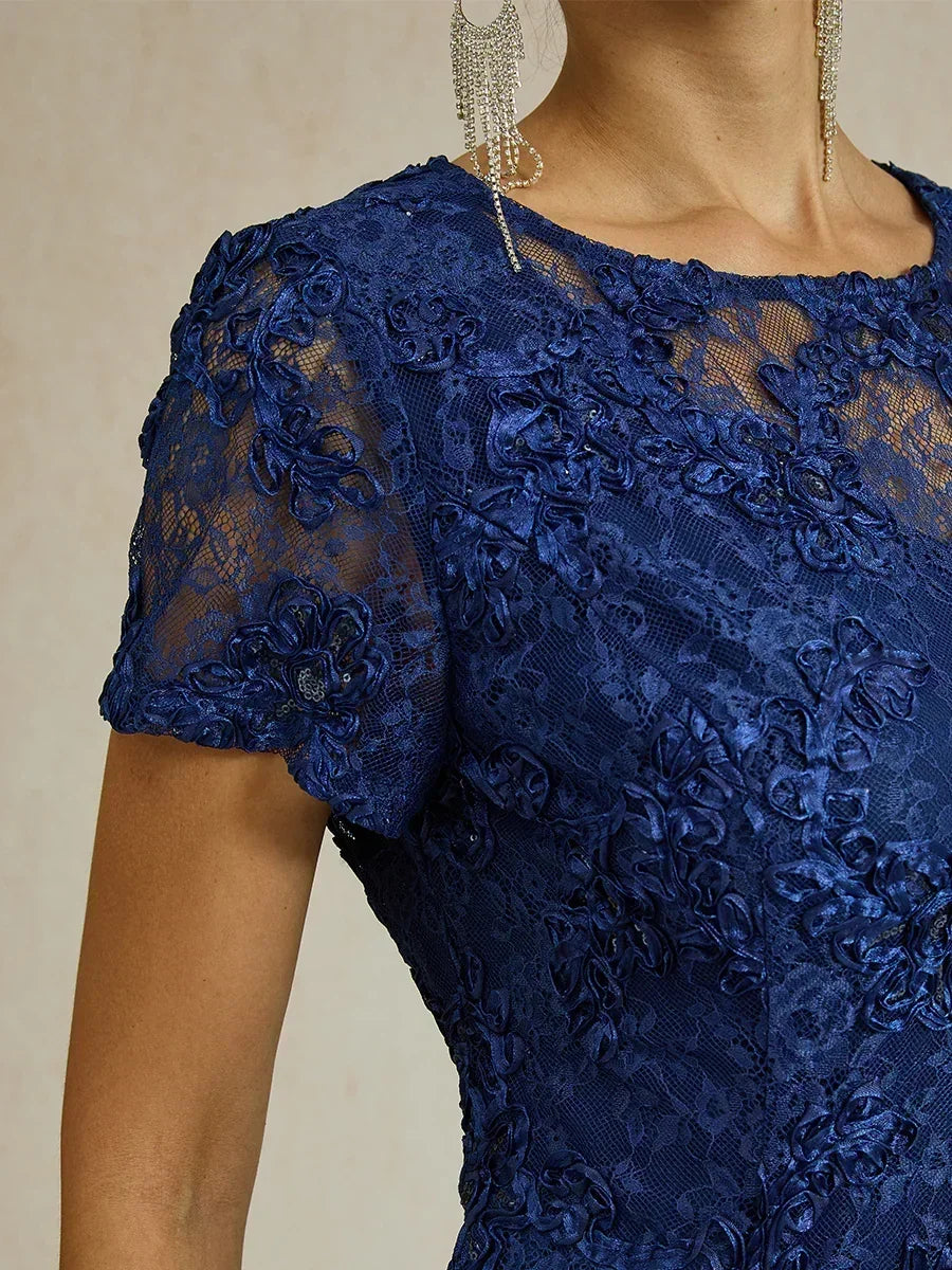 Robe trapèze en dentelle rosette ornée de paillettes