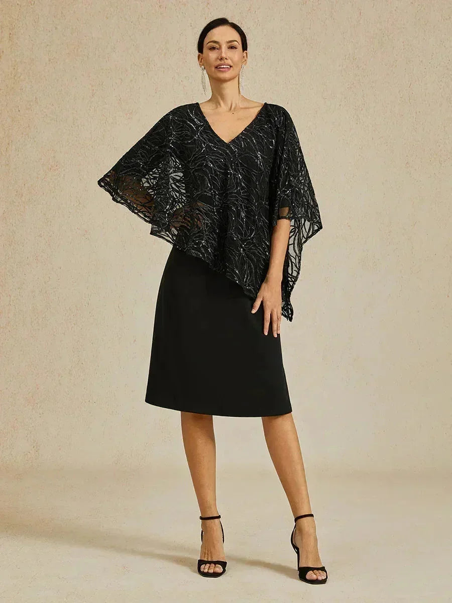 Robe superposée à paillettes, longueur genou, col en V
