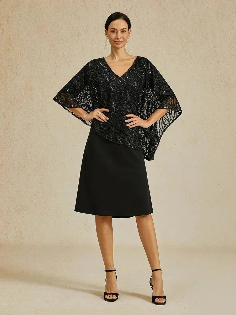Mother of The Bride Dresses Black Green Sequin Knee Length Lace A Line V Neck Formal Wedding Guest Summer Elegant Ladies Glamorous, Black / XL Mother of The Bride Dresses Black Green Sequin Knee Length Lace A Line V Neck Formal Wedding Guest Summer Elegant Ladies Glamorous, Black / XL