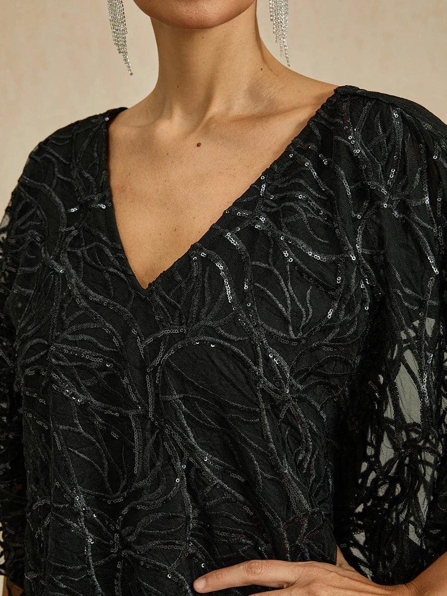 Robe superposée à paillettes, longueur genou, col en V