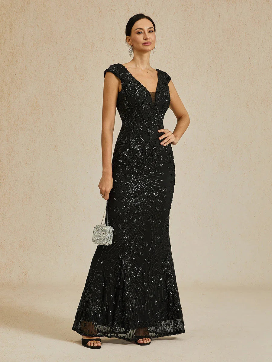Robe fourreau à col en V et sequins perlés