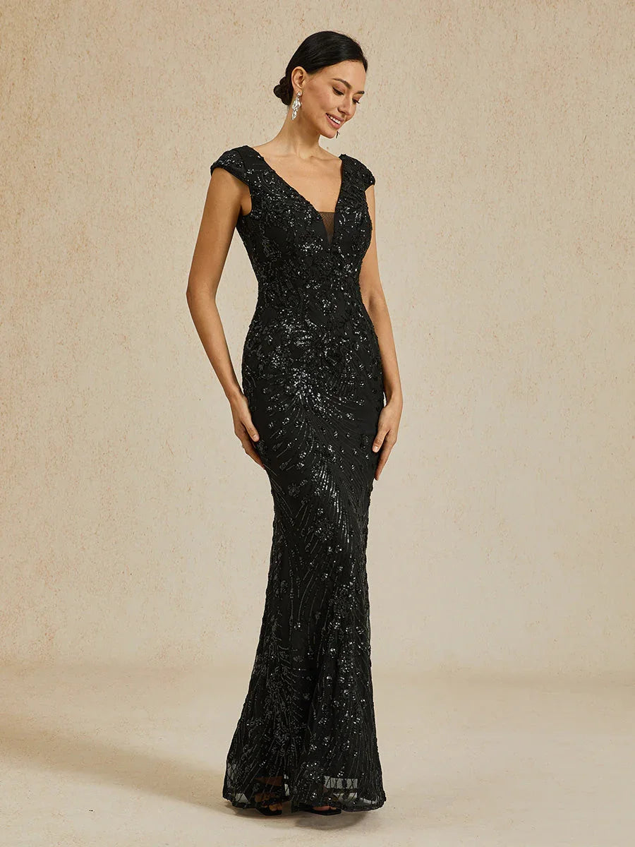 Robe fourreau à col en V et sequins perlés