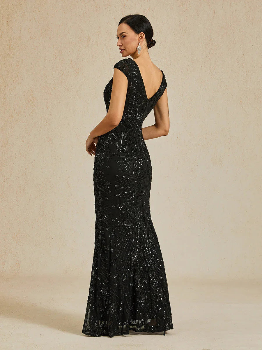 Robe fourreau à col en V et sequins perlés