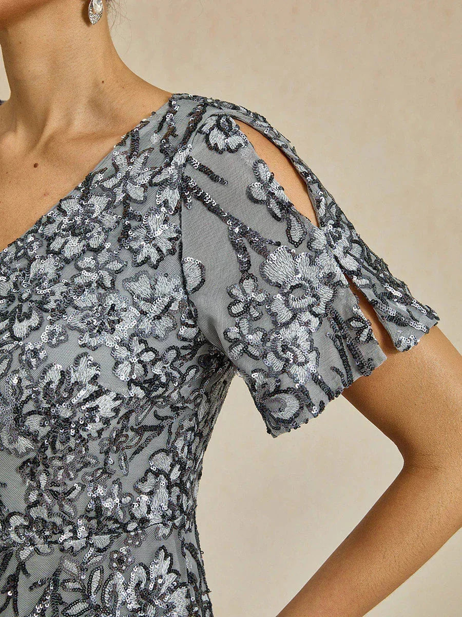 Elegantes Paillettenkleid mit V-Ausschnitt und kalten Schultern