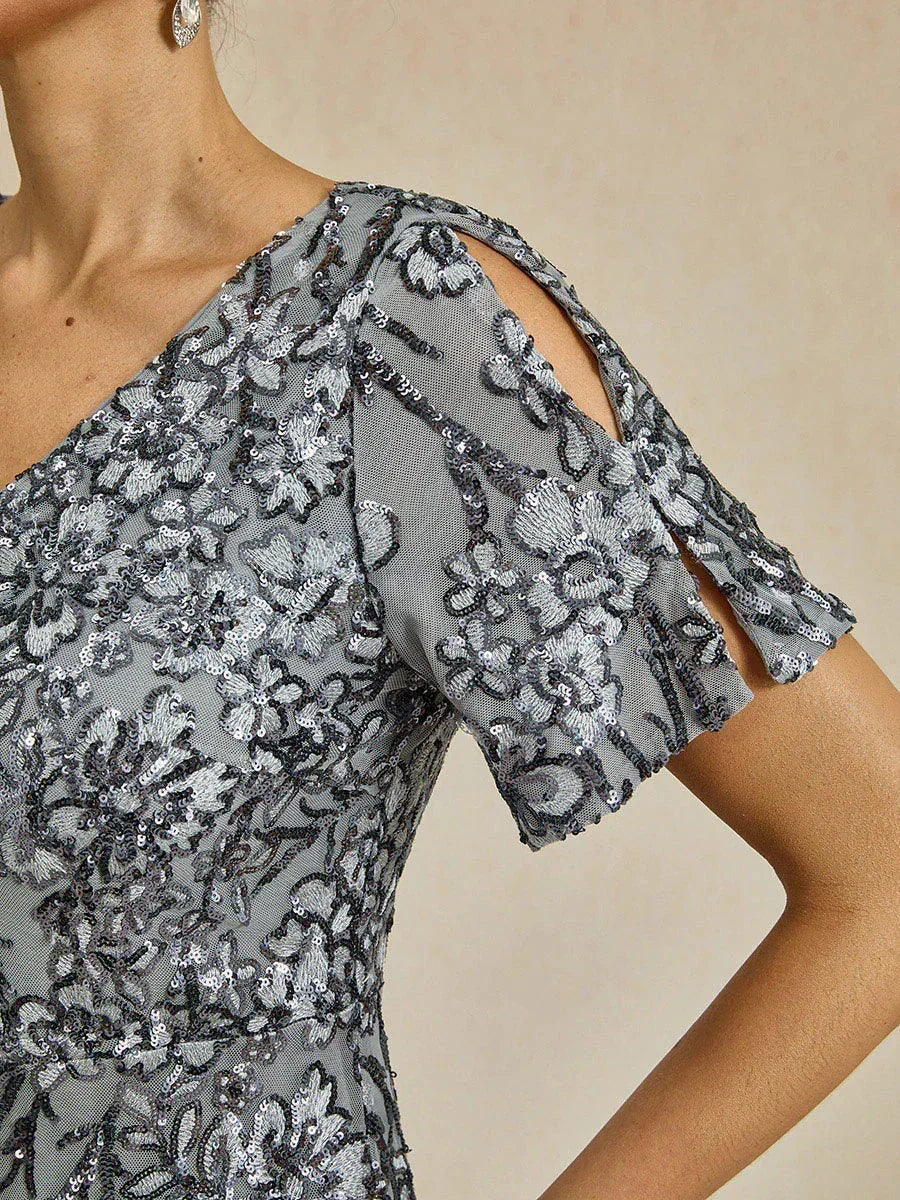 Elegantes Paillettenkleid mit V-Ausschnitt und kalten Schultern