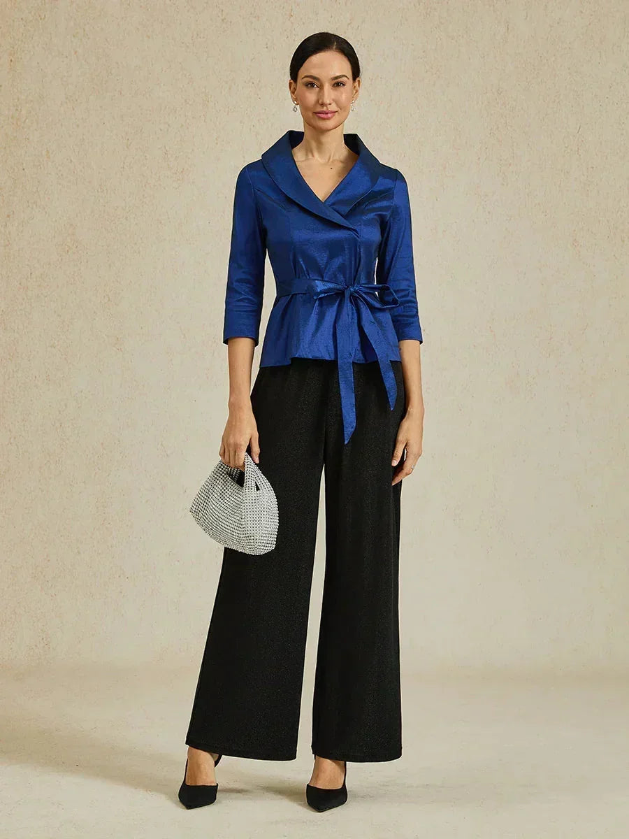 3/4 ermet stretch taftbluse med knytebelte i midjen