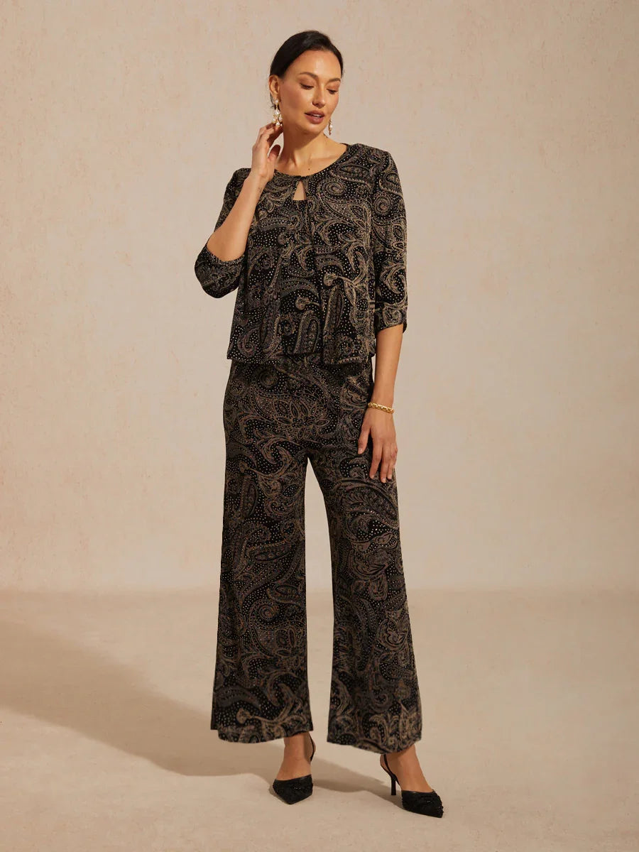 Paisley Straight Leg Knit Pants with Subtle Sequin Detail