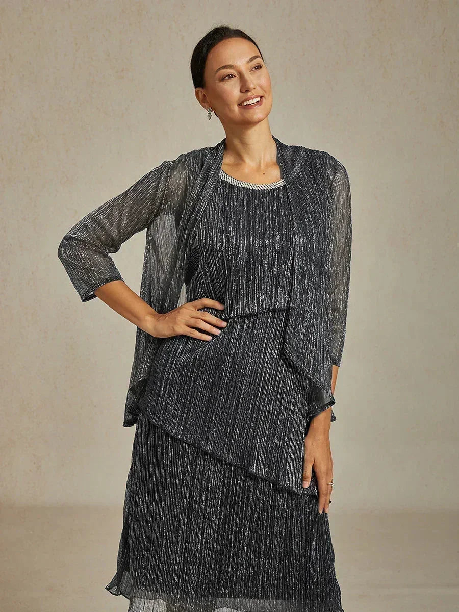 Women's Shrugs Chiffon Pleated Elegant 3 4 Length Sleeve Crew Neck Wedding Guest Semi Formal Cocktail Attire Metallic Silver Summer Spring Fall