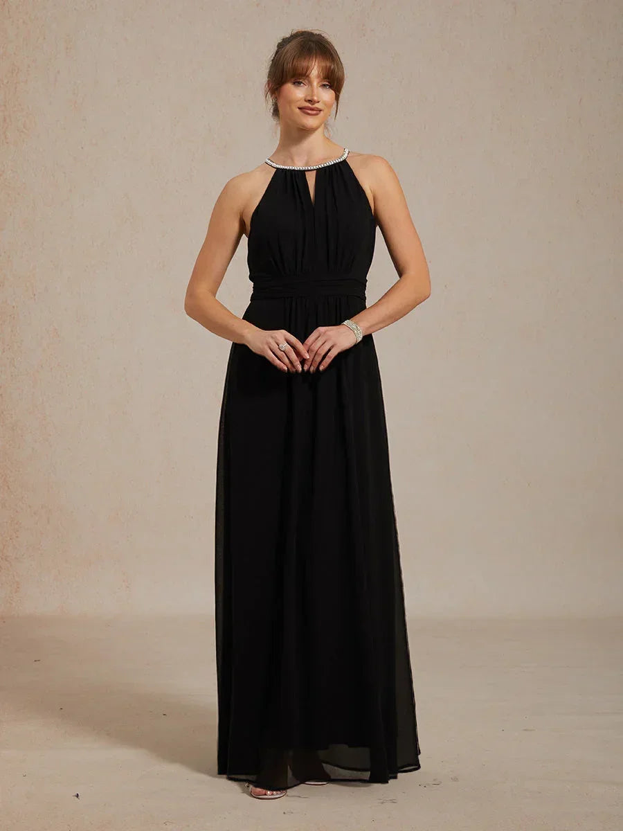 Chiffon Pearl Halter Neck Floor-Length Dress