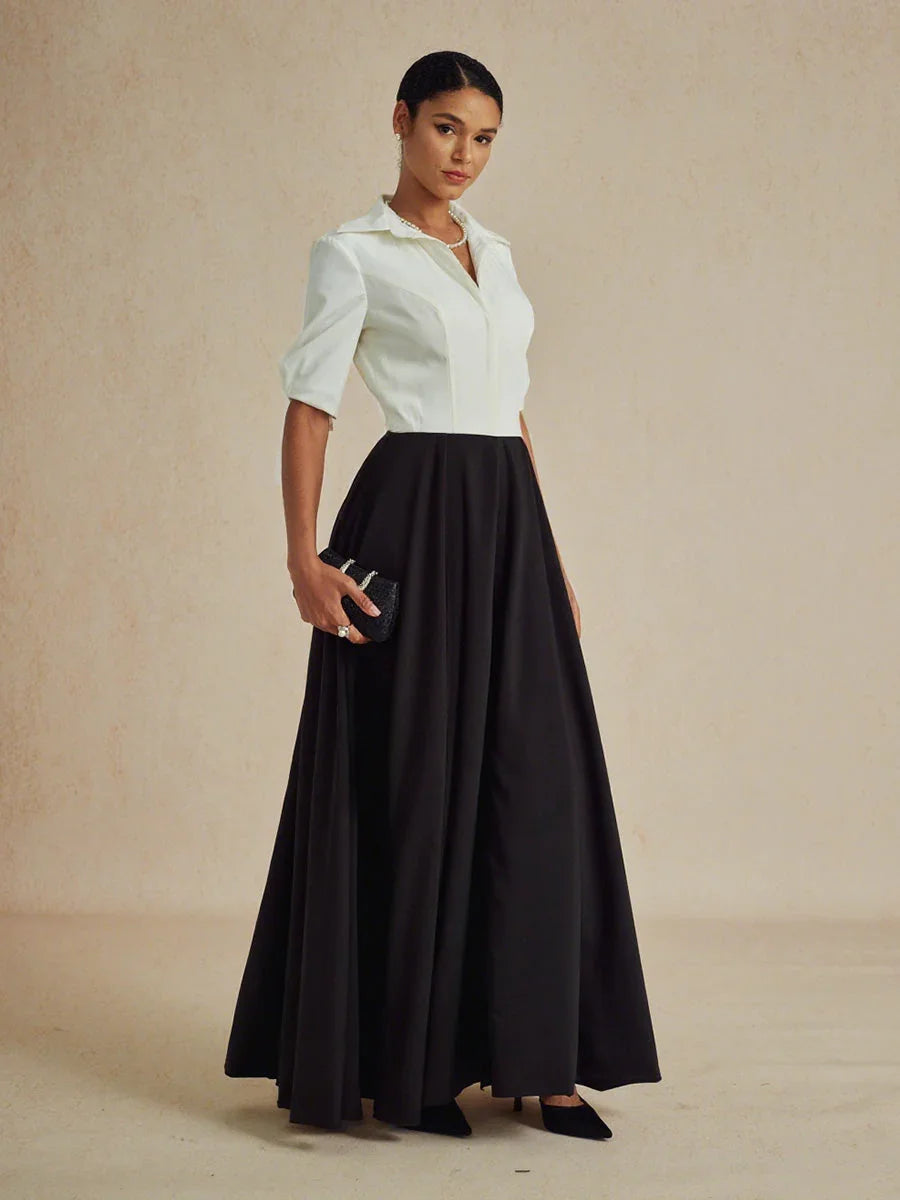 Schwarz-weißes Maxikleid mit Hemdkragen