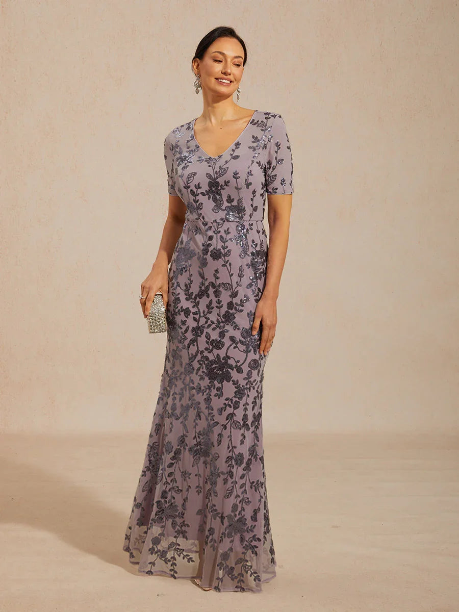 Floral Sequin Stretch Mesh Short Sleeve Dress