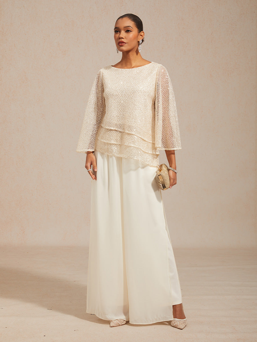 Paillettenbesetztes Top mit Glockenärmeln und Lagenlook aus Mesh