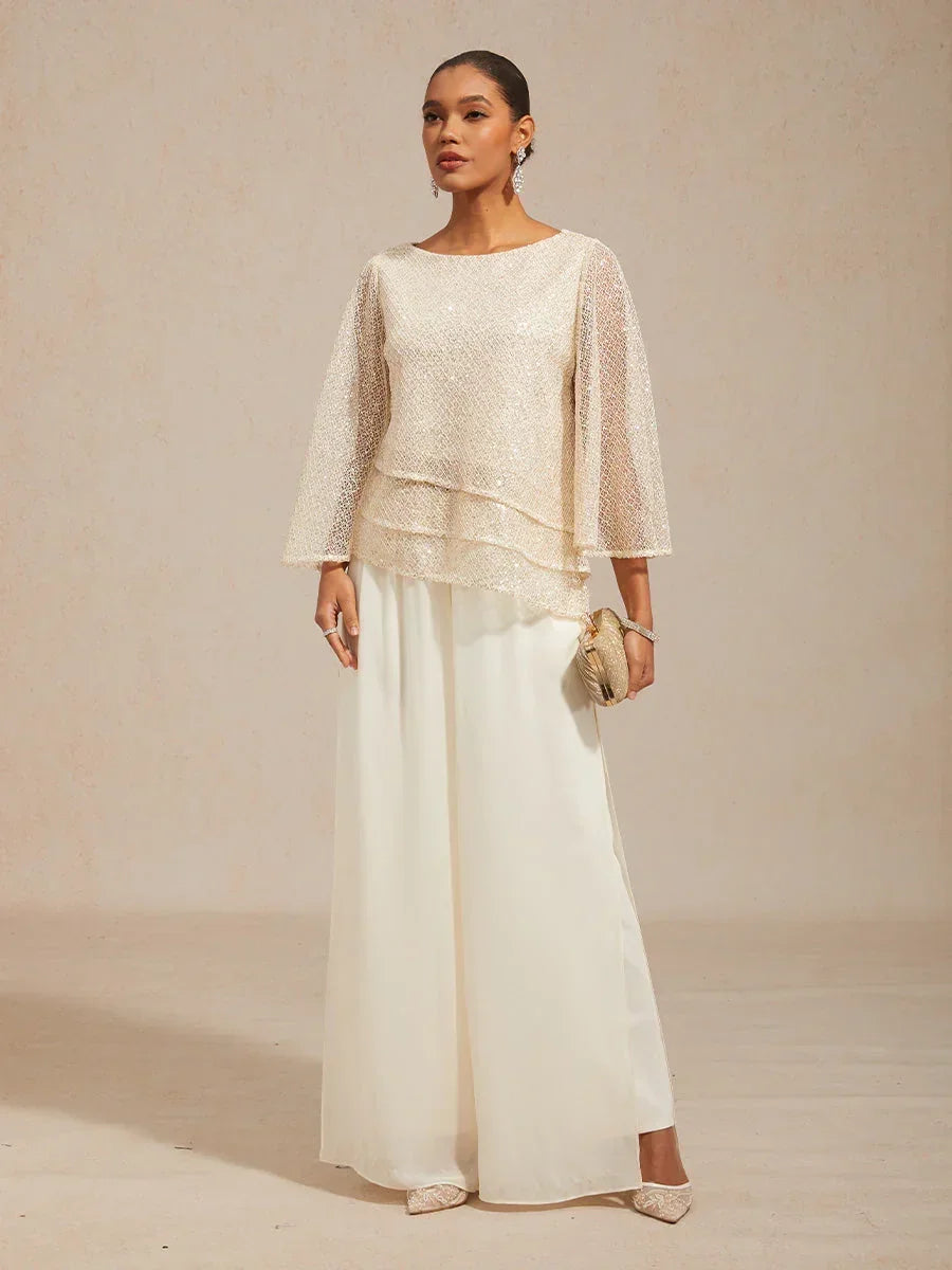 Mesh Sequin Layered Top Chiffon Pant Suits