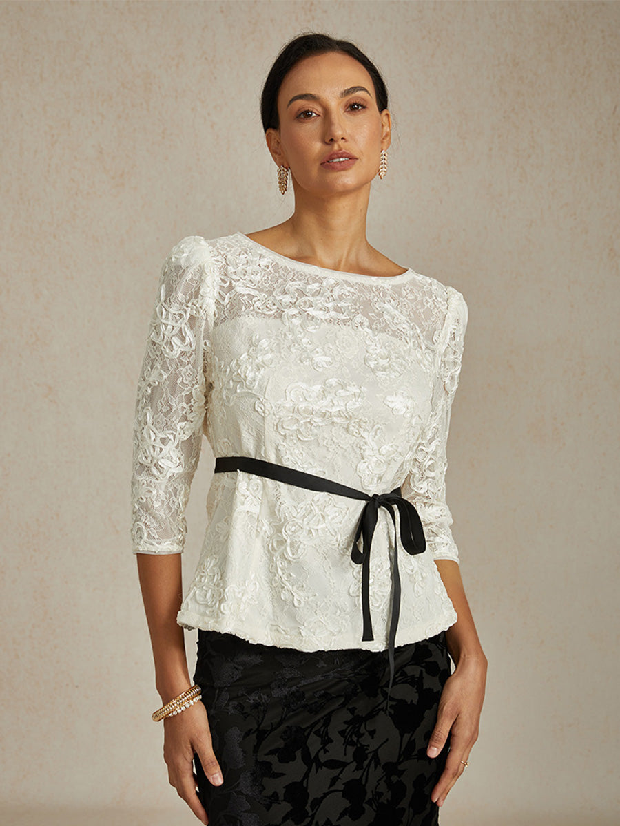 3/4 Sleeve Rosette Lace Blouse