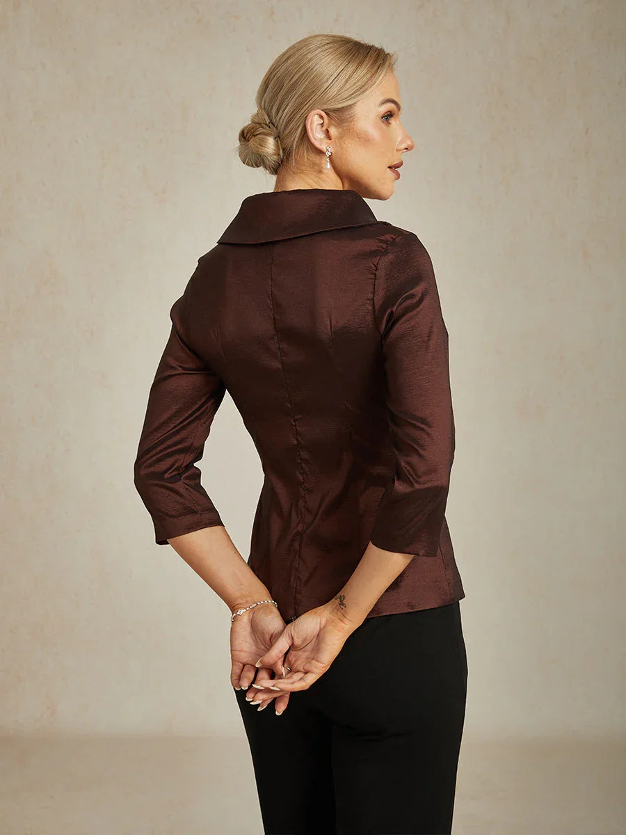 Blusa in taffetà elasticizzato con maniche 3/4 e dettaglio cintura annodata