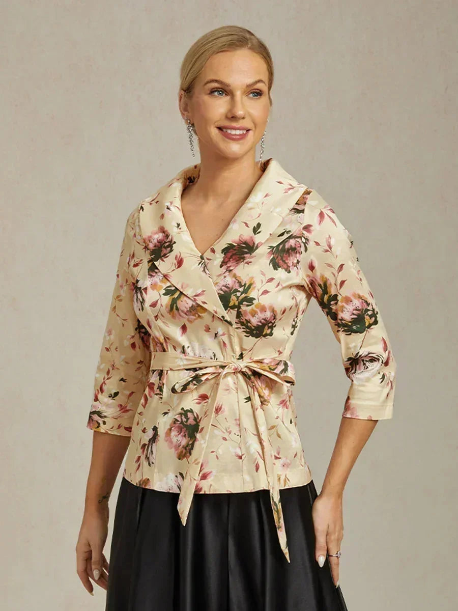 Blusa in taffetà elasticizzato con maniche 3/4 e dettaglio cintura annodata