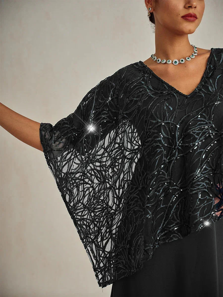 Robe superposée à paillettes, longueur genou, col en V