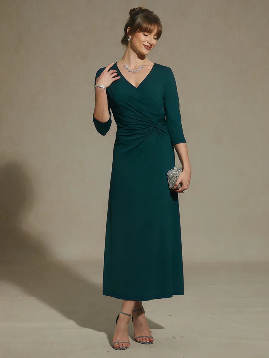 Black V-Neck A-Line Knit Dress with Waist Twist Design