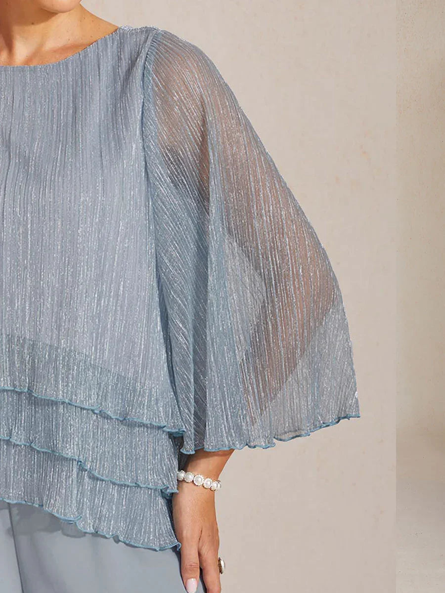 Blouse Asymétrique à Volants Superposés en Chiffon Plissé Métallisé