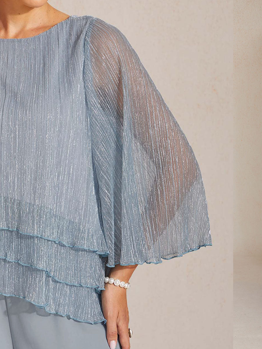 Blouse Asymétrique à Volants Superposés en Chiffon Plissé Métallisé