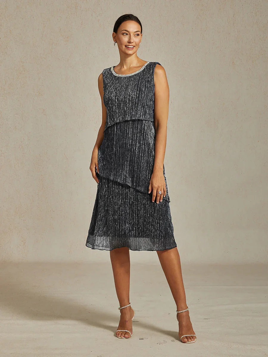 Robe Mi-Longue en Chiffon Plissé Métallisé à Encolure Ronde Ornée de Perles