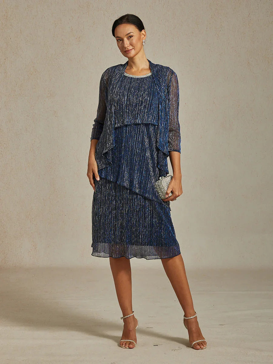 Metallic Pleated Chiffon Long Jacket with Layered Design