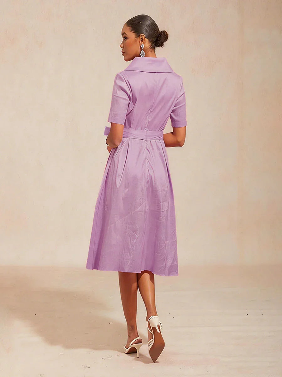 Robe en Taffetas Extensible à Col avec Ceinture à Nouer à la Taille