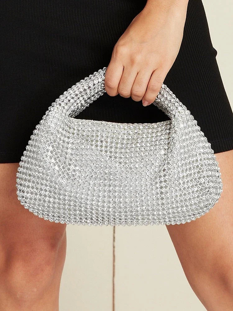 Pochette de soirée scintillante en strass argentés