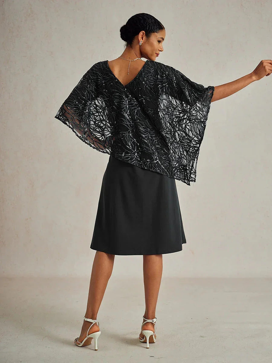 Robe superposée à paillettes, longueur genou, col en V