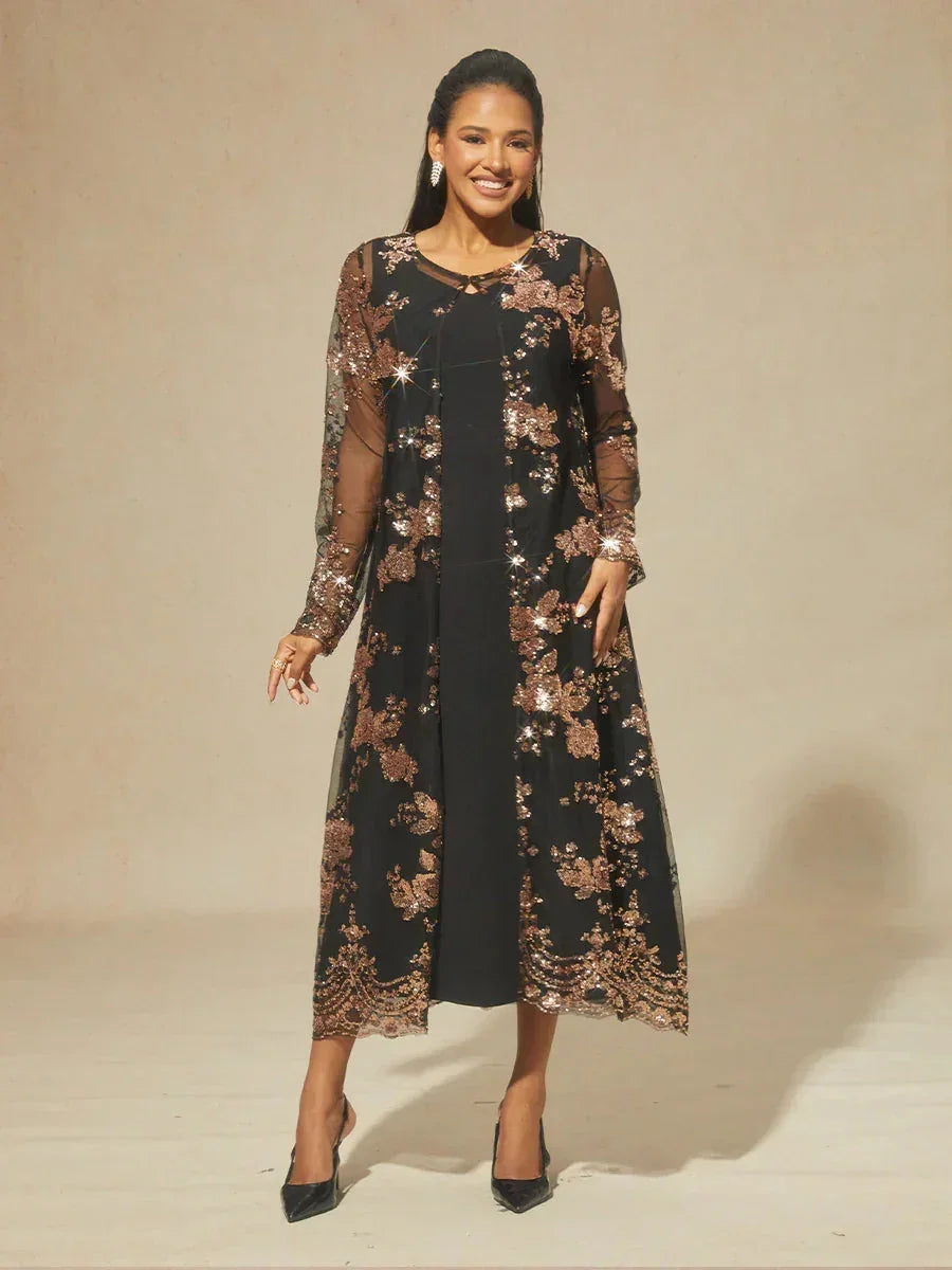 Long Floral Embroidered Lace Jacket Dress