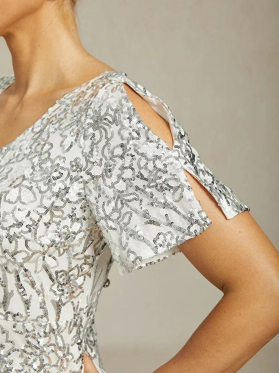 Elegantes Paillettenkleid mit V-Ausschnitt und kalten Schultern