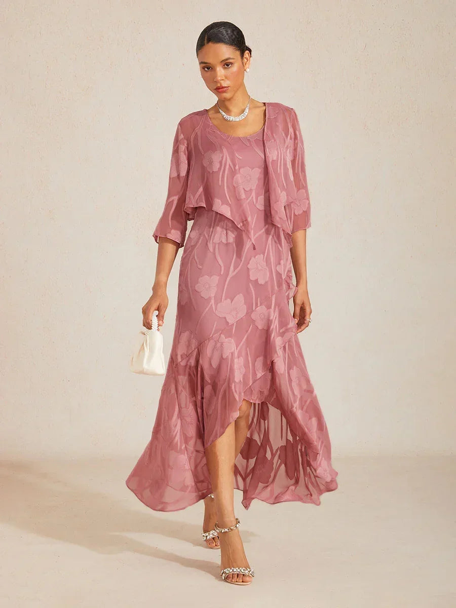 Boléro en Chiffon Transparent à Motif Floral, Manches 3/4