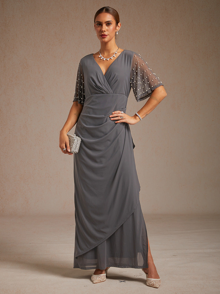 Elegant Formal Dress with Embellished Flutter Sleeves