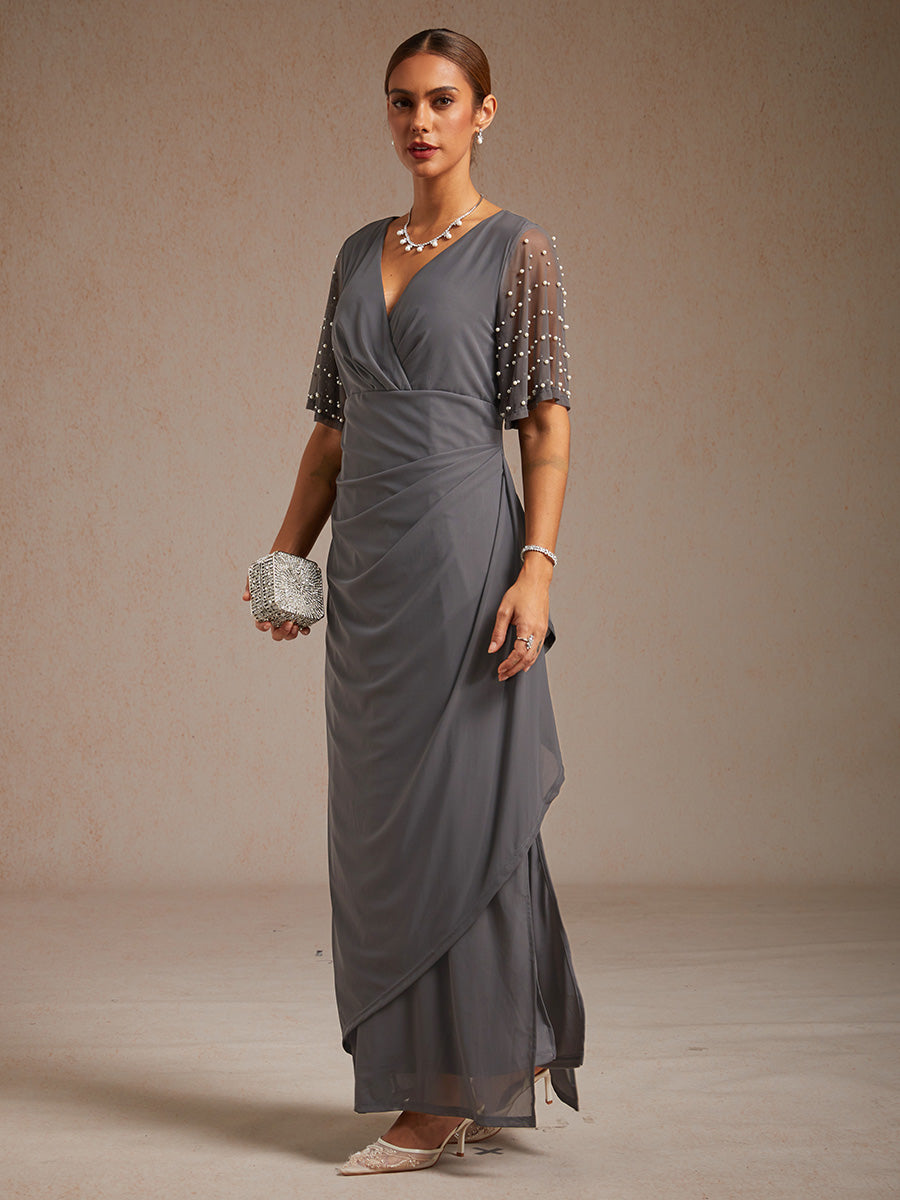 Elegant Formal Dress with Embellished Flutter Sleeves