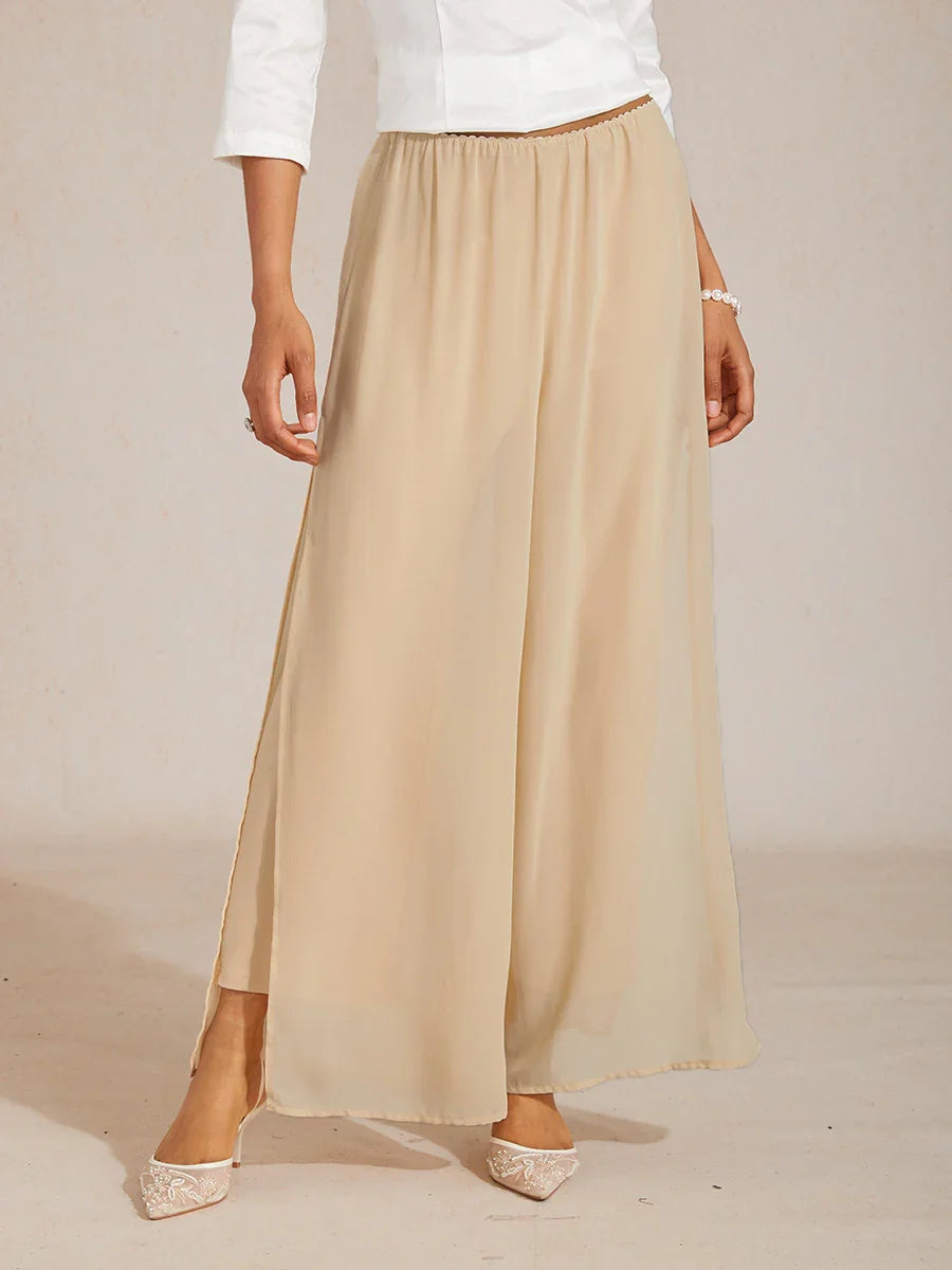 Pantaloni a gamba dritta con sovrapposizione in chiffon e spacco laterale