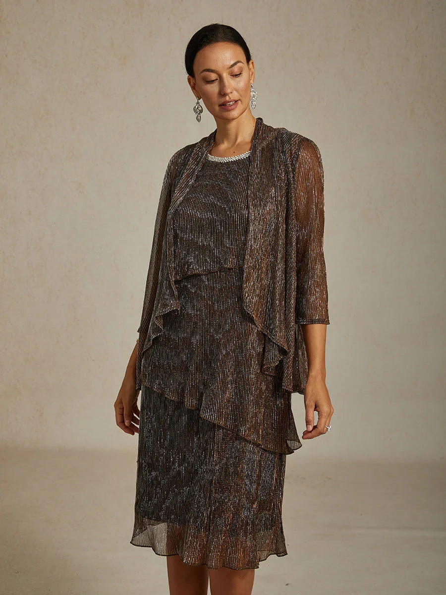 Metallic Pleated Chiffon Long Jacket with Layered Design