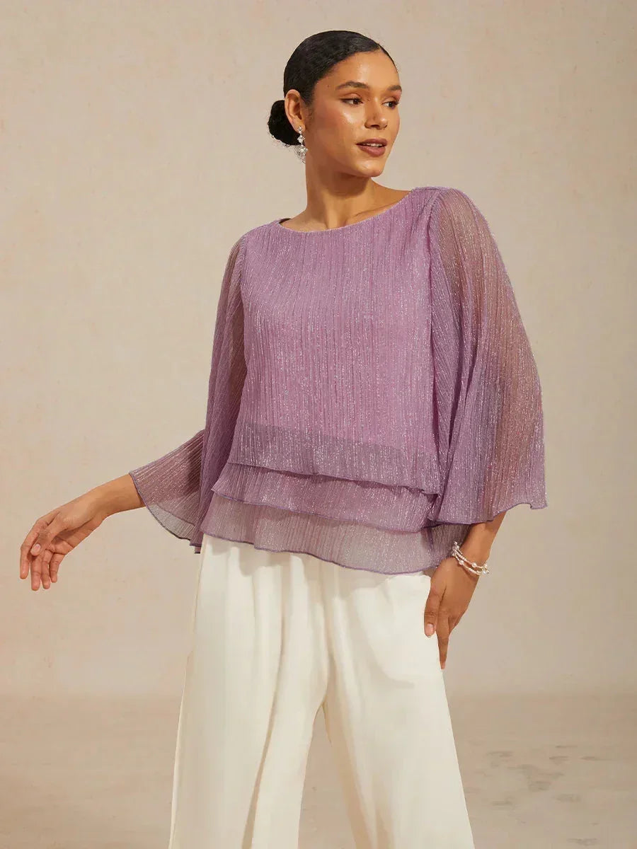 Metallic Pleated Chiffon Asymmetrical Layered Blouse